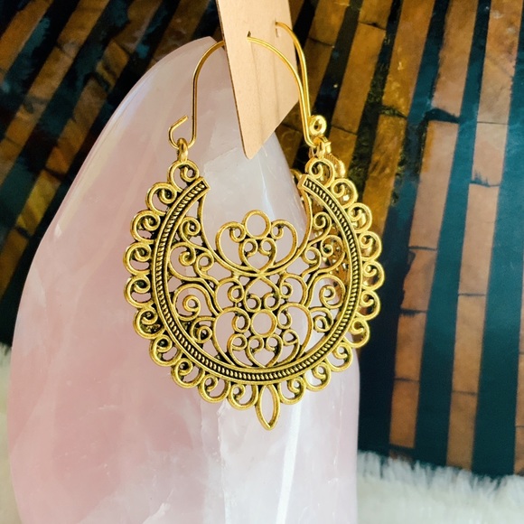 BOGO Large Gold Mandala Hoop Earrings Filigree Tribal Aztec Tibetan Native Bird - Picture 6 of 16